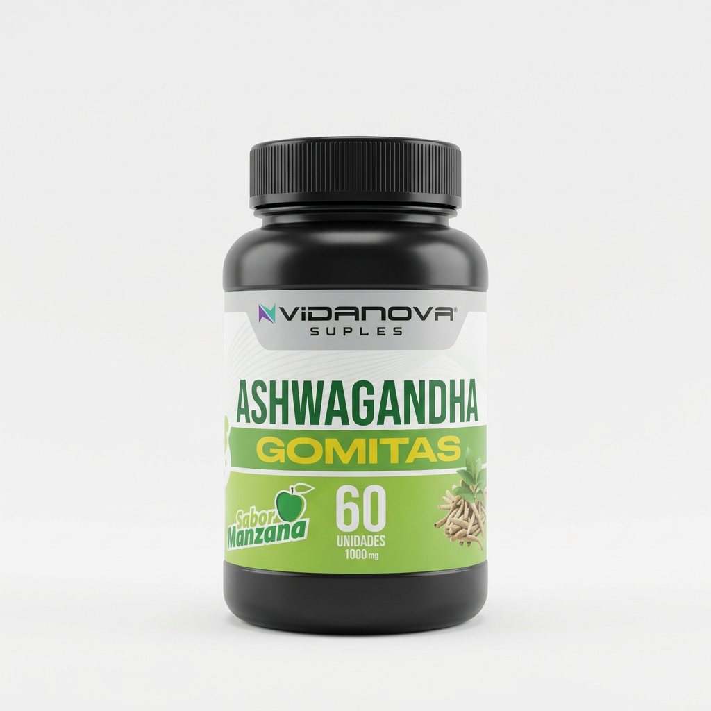 Frasco individual de Gomitas Ashwagandha Vidanova sabor manzana 60 unidades 1000mg