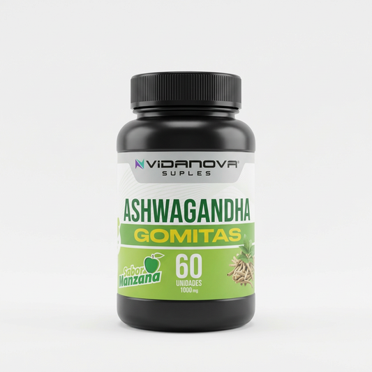 Frasco individual de Gomitas Ashwagandha Vidanova sabor manzana 60 unidades 1000mg