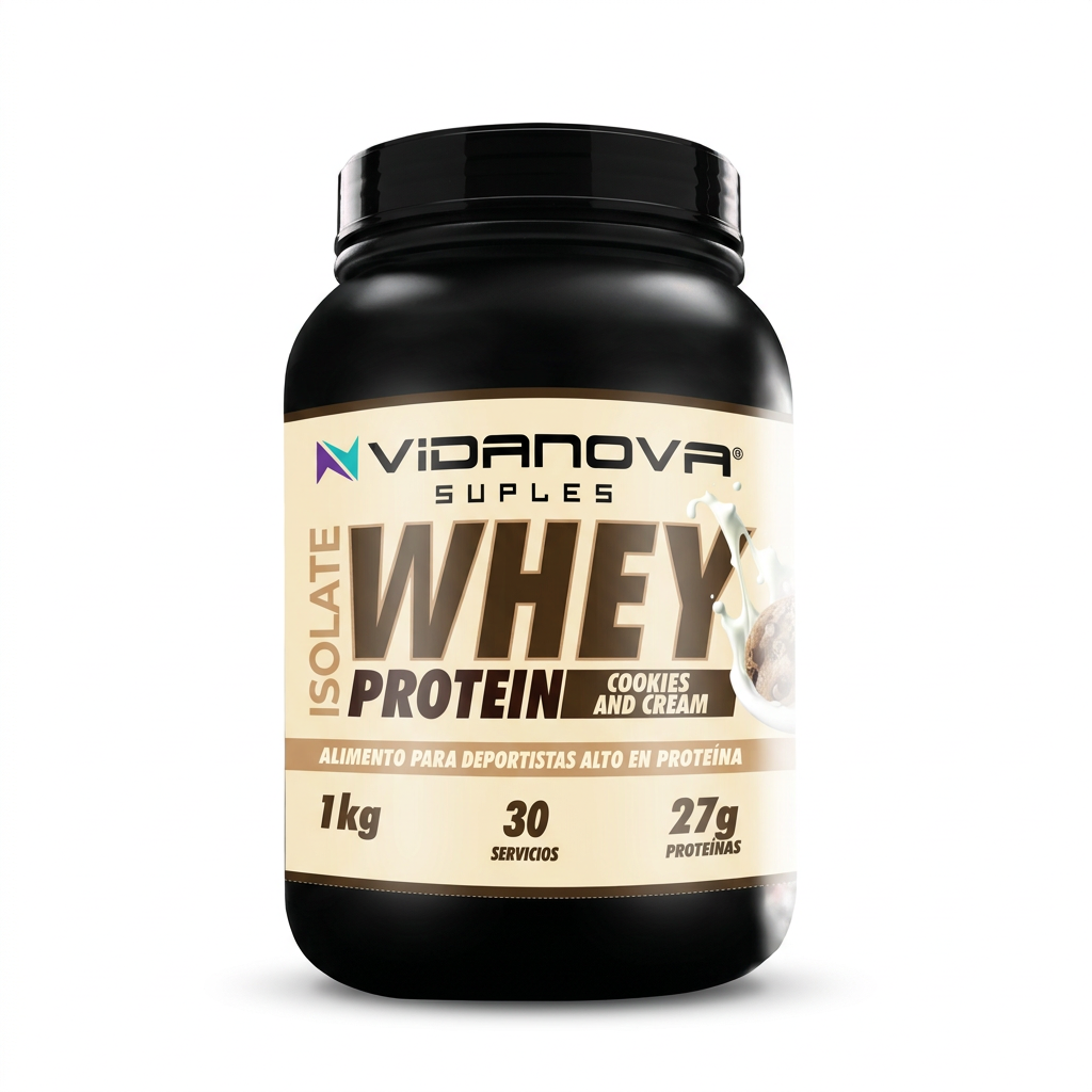 Proteina Whey 1kg Cookies Vidanova Suples vista uniforme