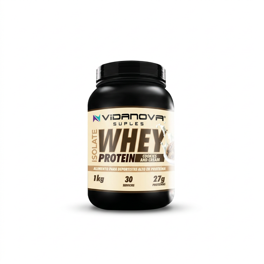Proteina Whey 1kg Sabor Cookies Vidanova Suples con margen alrededor