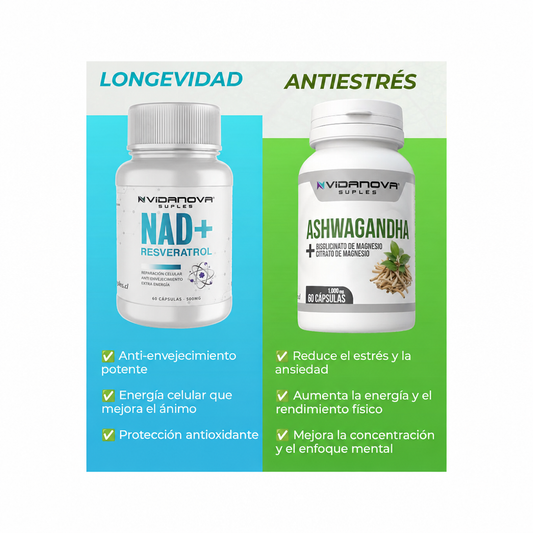 NAD+ Resveratrol y Ashwagandha con encuadre cuadrado y margen blanco